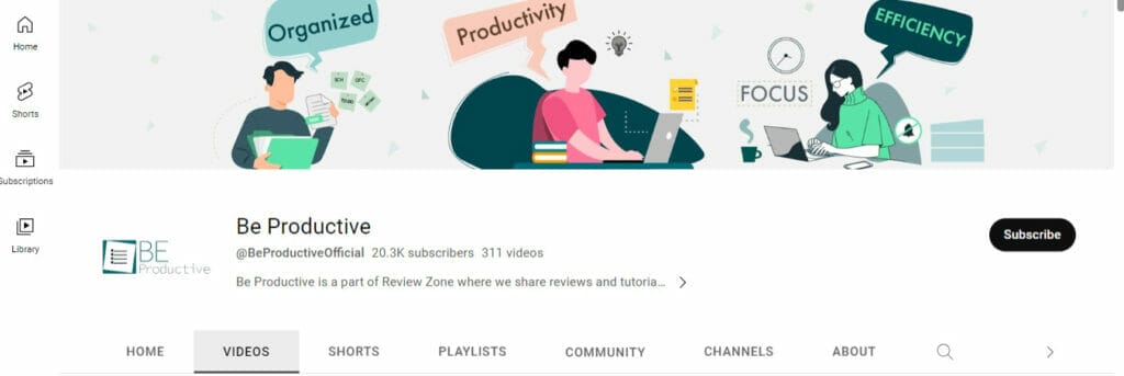 Screenshot of a YouTube automation channel named BE PRODUCTIVE