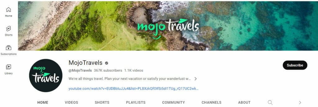 Screenshot of Mojo Travels YouTube